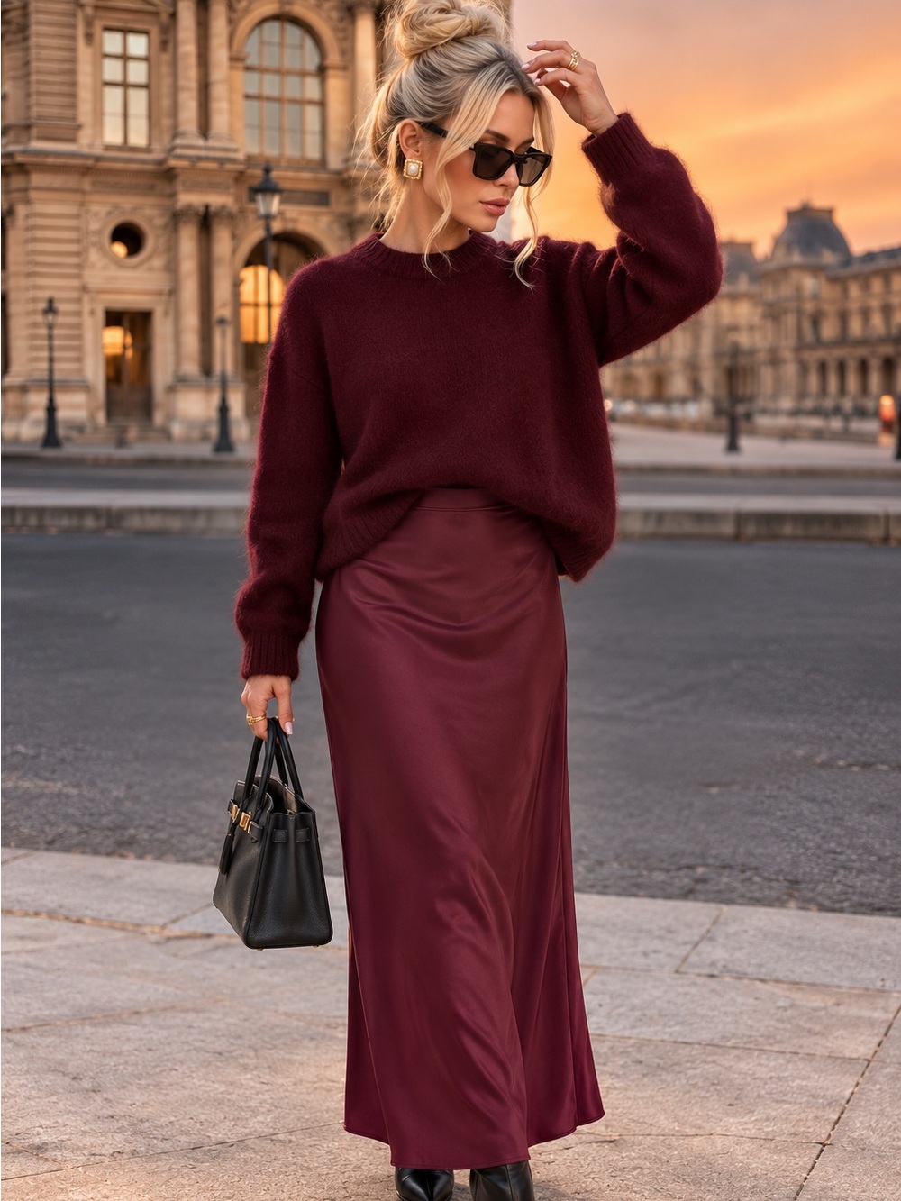 a new day Burgundy Satin Maxi Skirt